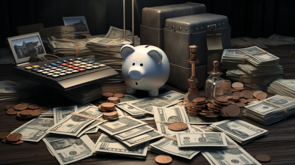 Money, a calculator, and a piggy bank