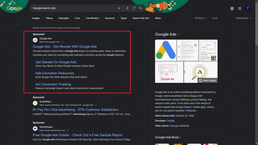 Google search results for 'Google search ads' highlighting an advertisement for Google Ads