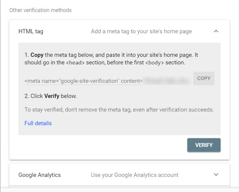 Google Search Console HTML tag for verifying ownership of a URL prefix