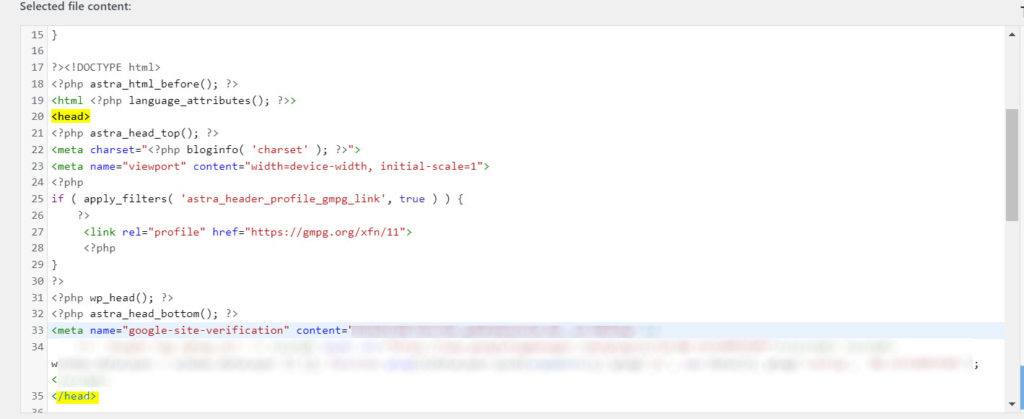 header.php opened to add an HTML tag for Google Search Console